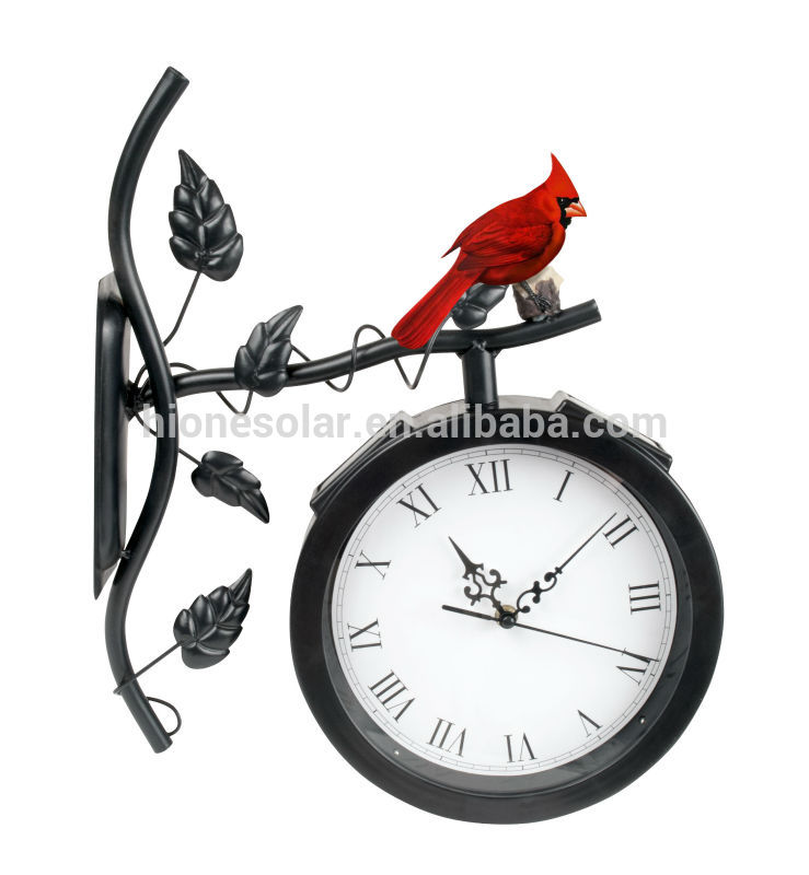 red bird led solar garden clock